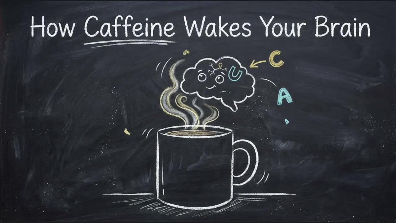 How caffeine wakes your brain, drawn in colored chalk
