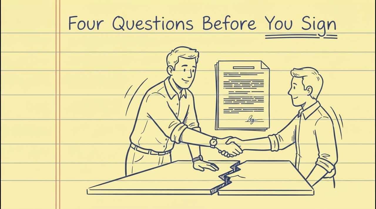 Scene 1: two figures shaking hands over a contract, the table cracking between them