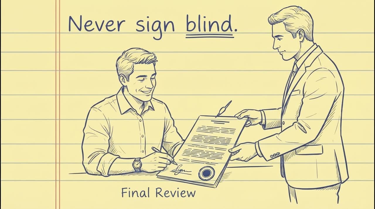 Scene 10: a lawyer handing a stamped contract to a signee who signs