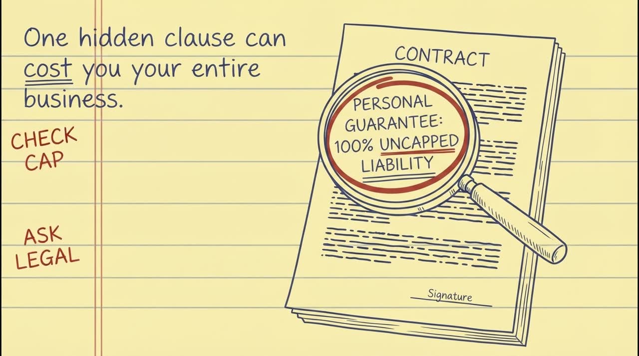 Scene 2: a magnifying glass over a contract, the lens reading PERSONAL GUARANTEE, 100% UNCAPPED LIABILITY