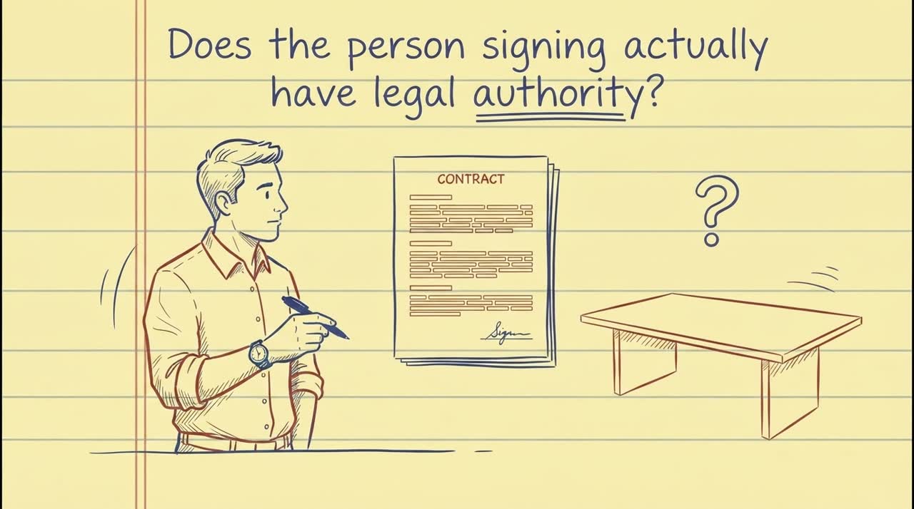 Scene 3: a signee with a pen, an arrow to an empty board table with a question mark