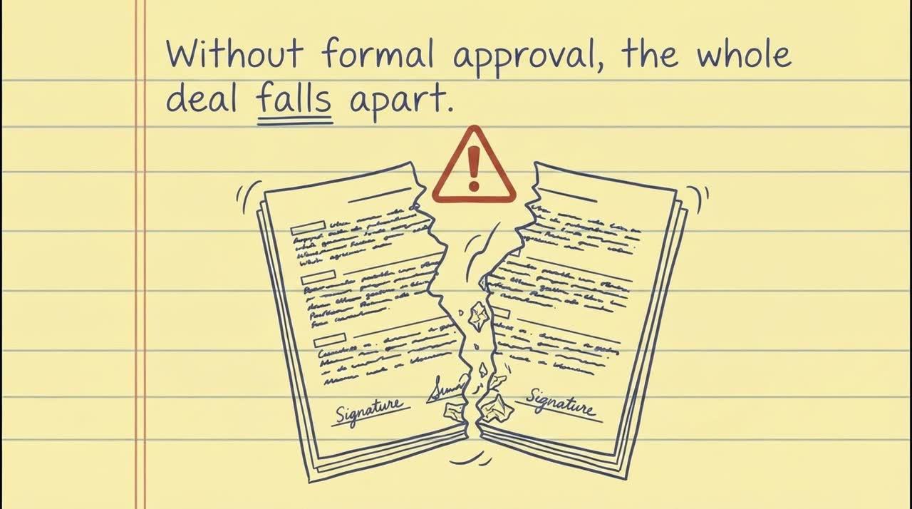 Scene 4: a contract tearing down the middle with a warning mark above the tear