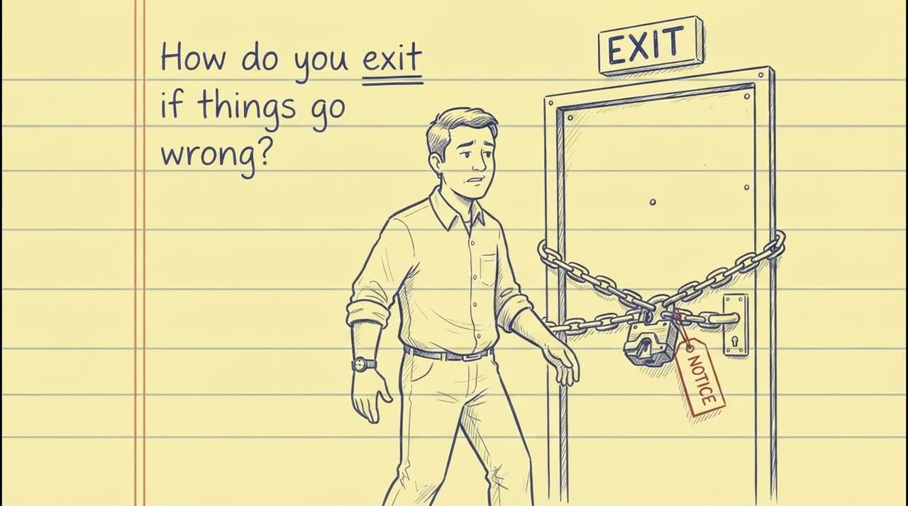 Scene 6: a signee at an exit door wrapped in a padlock and chain