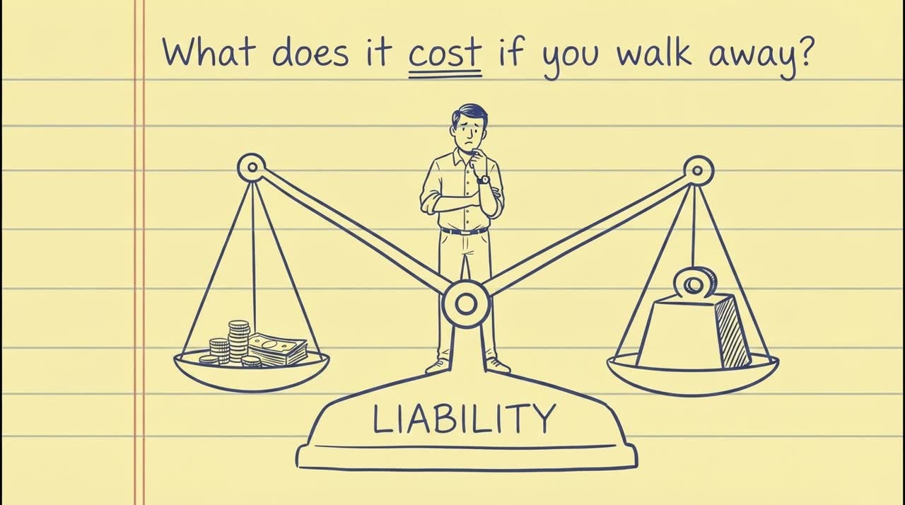 Scene 7: a balance scale, payments on one tray and a weight marked liability on the other