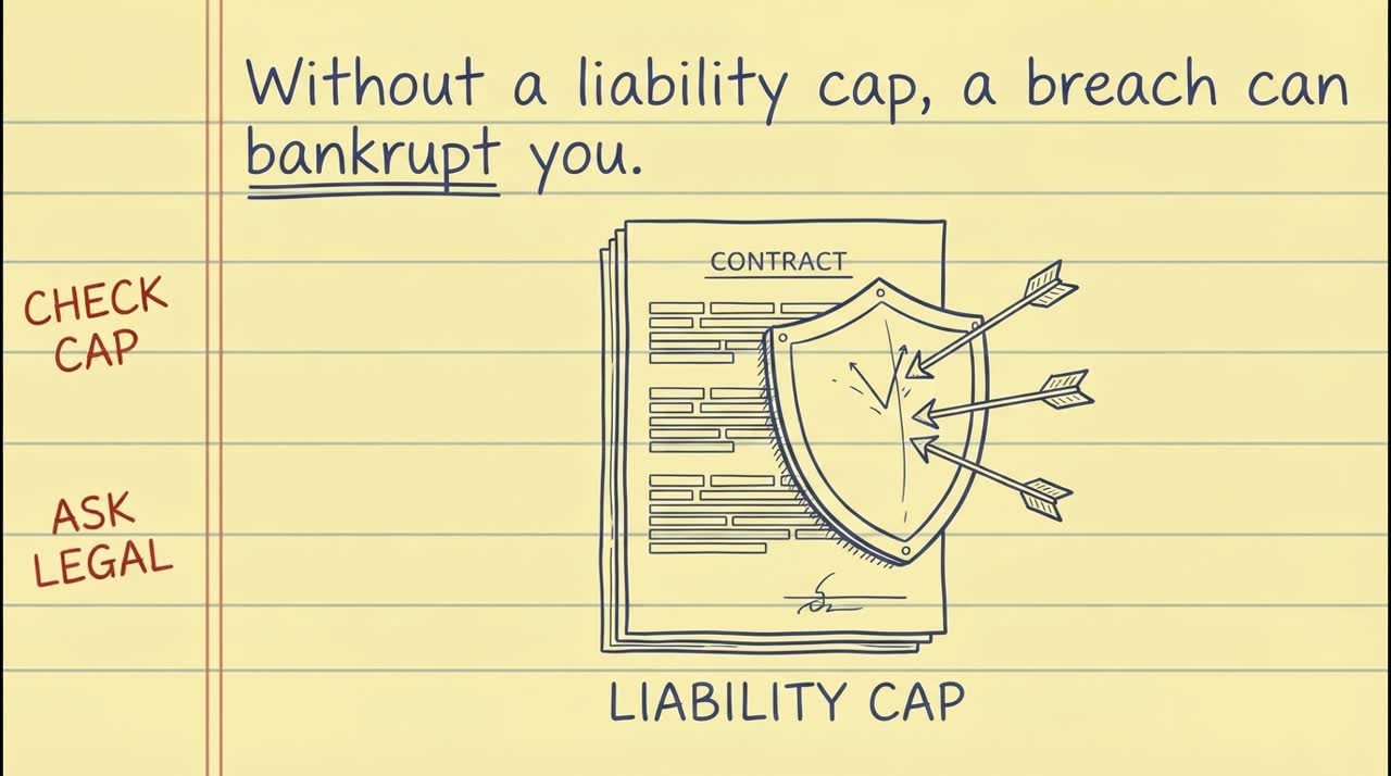 Scene 8: a shield marked liability cap closing over a contract to deflect arrows