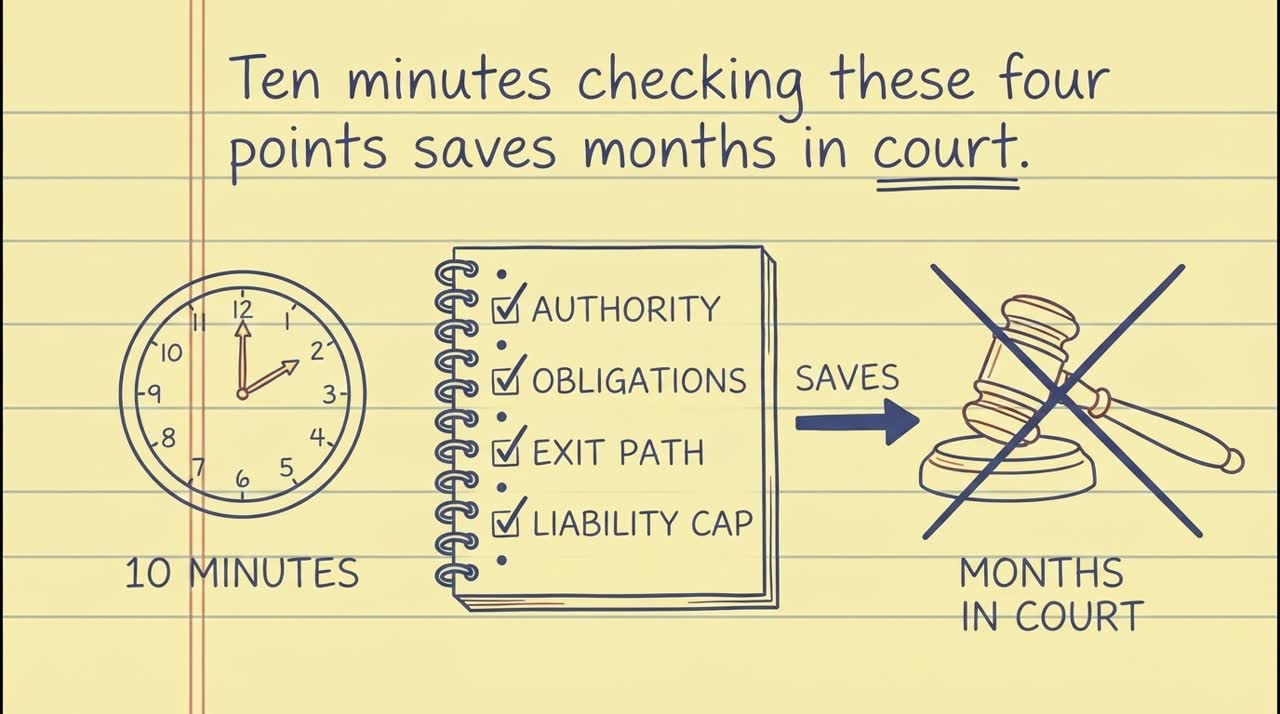 Scene 9: a clock, a four-item checklist and a crossed-out gavel, joined by an arrow labelled SAVES