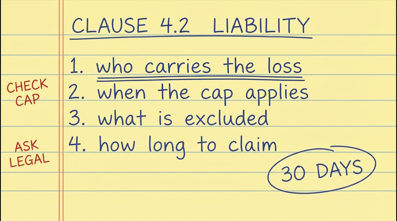 The style reference: a yellow legal pad in blue handwriting, red margin rule, red margin notes reading CHECK CAP and ASK LEGAL, and a circled 30 DAYS