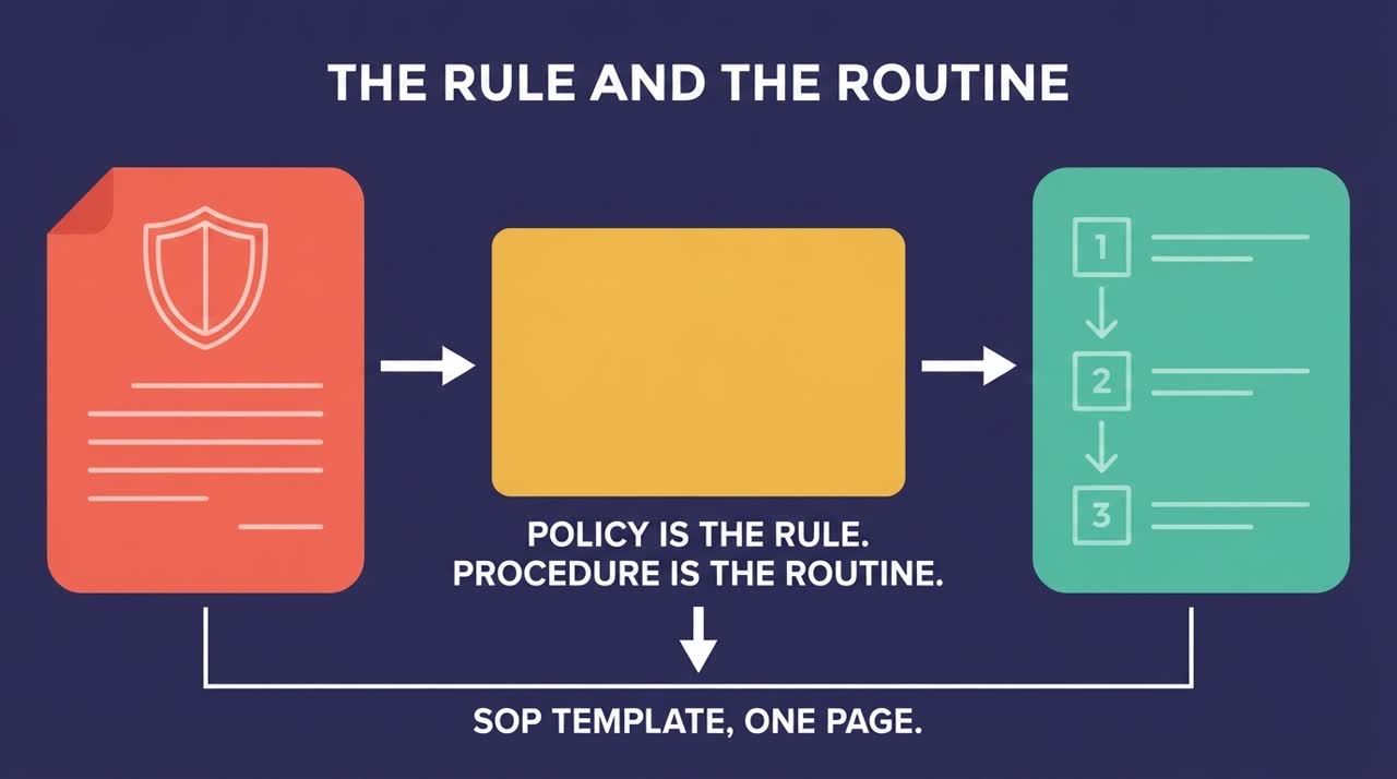 Three shapes in a row joined by arrows, ending in a bracket labelled SOP template, one page